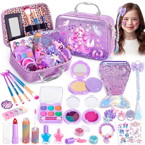 Kids Makeup for Toddlers Toys, Washable Make Up Set Non-Toxic Mermaid Toys for Girls Purse, Princess Pretend Play Hair & Nail Polish Accessories, Christmas Birthday Gift Toys for Girls 3+