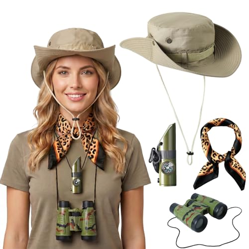 Rotamora 4 Pcs Safari Costume for Women Accessories Set, Sun Bucket Safari Hat Leopard Scarf Telescope Explorer Zoo Keeper Costume Safari Outfit Outdoor Dress Up Halloween Cosplay Dress Up Decor