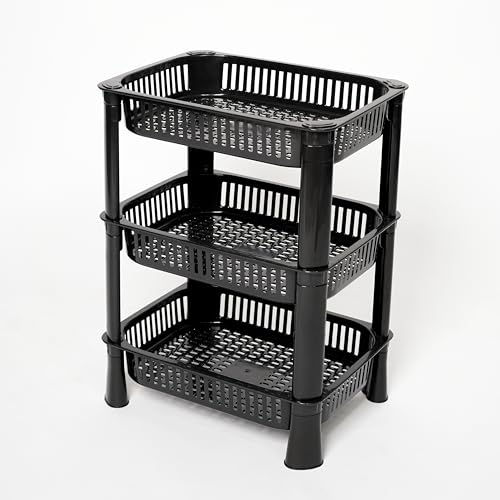 Image of THEODORE Plastic Vegetable Trolley Rack for Kitchen Storage Vegetable Organizer, Vegetable Stand for Kitchen Storage Racks for Office,Kitchen,Living Room, Fruits Onion Potato Stand (Black, 3 Layer)