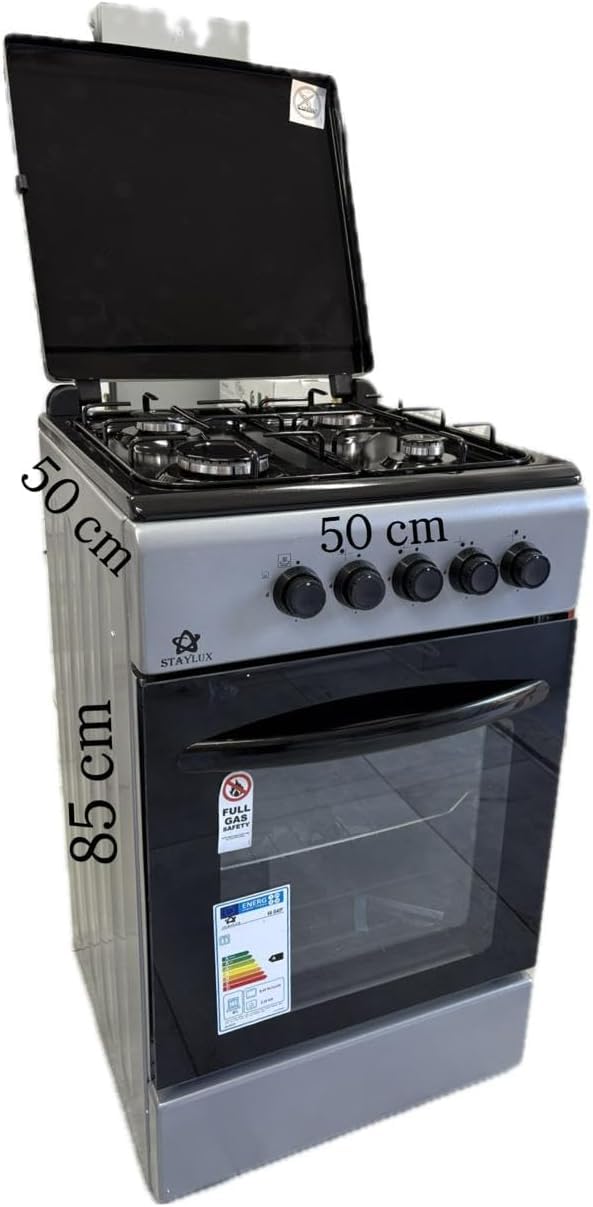 Cucina A Gas 4 Fuochi Con Forno A Gas 50 x 50 cm Colore Grigio e Nero Con Coperchio, ROBUSTA A