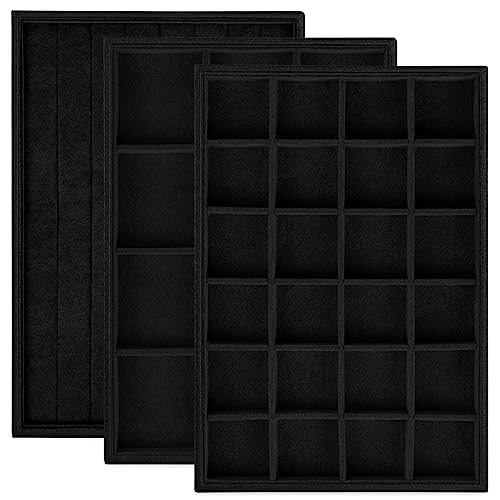 Rocutus Jewelry Trays,3 Pack Stackable Velvet Jewelry Organizer Tray Drawer Jewelry Storage Tray,Divided Ring Organizer Tray for Earrings, Necklaces, Bracelets,13.8"x9.5"x1.2" (Black)