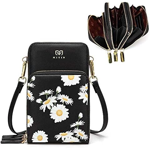 Jangostor Mini Crossbody Phone Bag for Women with Daisy Flowers, Small Cellphone Purse Three Layers Lightweight Leather Wallet with Strap Card Slots (Black) Cover