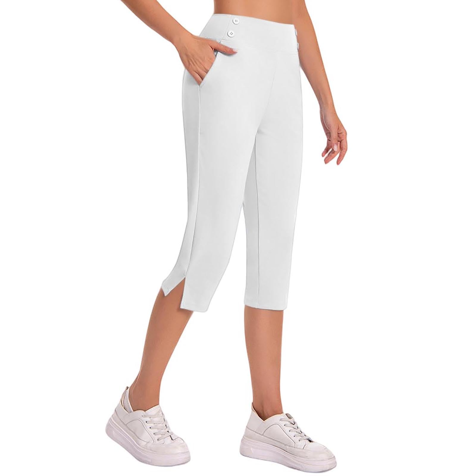 Caprihose Damen Yogahose 3/4-Hosen mit Taschen Bauchkontrolle Workout Arbeitshose Jogginghose Sporthose Frauen Baumwolle Sweatpants Slim Fit Freizeithose Trainingshose