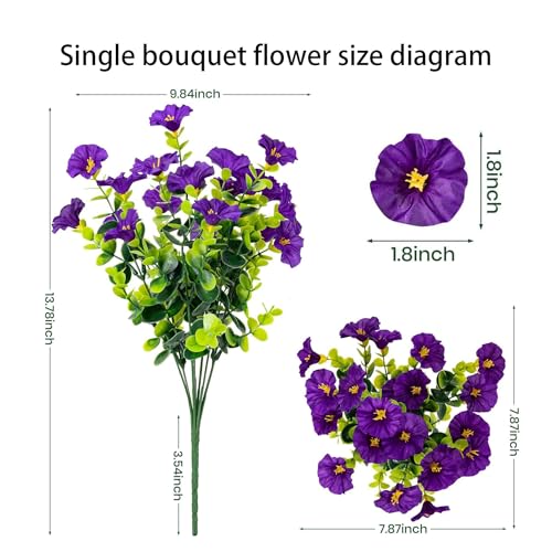 Artificial Flowers for Outdoors16 Bundles of UV-Resistant Silk Morning Glory with Eucalyptus-Realistic Faux Plants as Perfect Filler for Home Planter Porch & Garden Decor (Purple) image 7
