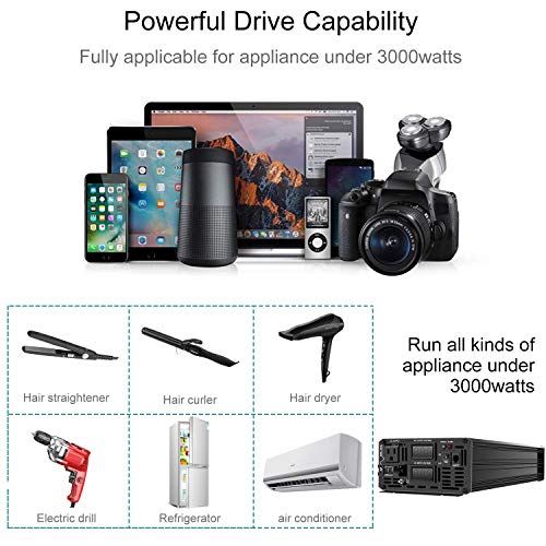 XIJIA 3000W (Peak 6000W) Pure Sine Wave Power Inverter DC 12V to AC 120V 60HZ Solar Converter for Home Use car Remote Control (DC12V (Range 10V-15V) 3000W)