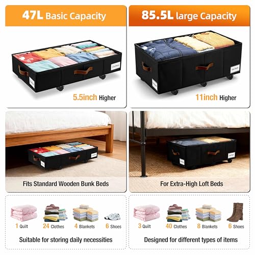 Image of Under Bed Storage with Wheels,Underbed Storage with Sturdy Sidewalls /Bottom, Clear Cover, Label and PU Handle, Rolling Under Bed Drawers for Clothes, Shoes, 11 Inch Height,Black, 2 Pack