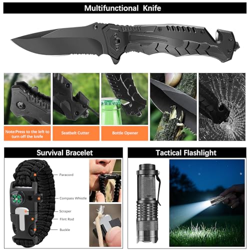 71 in 1 Außen Notfall Survival Kit mit Erste Hilfe Set,Survival Ausrüstung mit Erste Hilfe Set,Multi-Tool Axt,Klappspaten,Rettungsdecke Kompass,Geschenke für Männer Camping/Abenteuer/Wandern im Freien – Bild 6