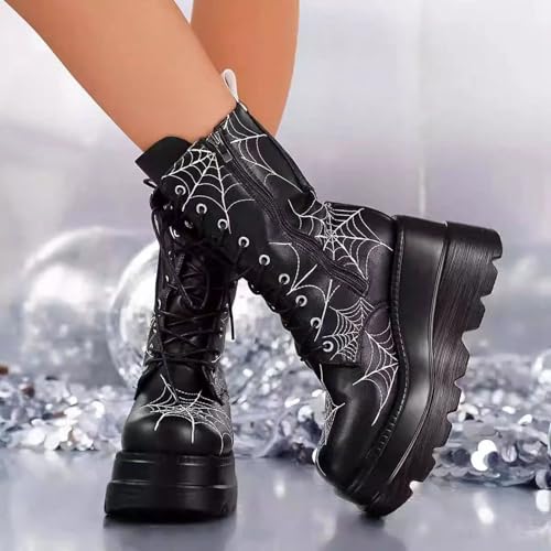Platform Goth Mid Calf Boots for Women Punk Motorcycle Round Toe Combat Chunky Heel Boots Side Zip Lace Up Wedge Booties3