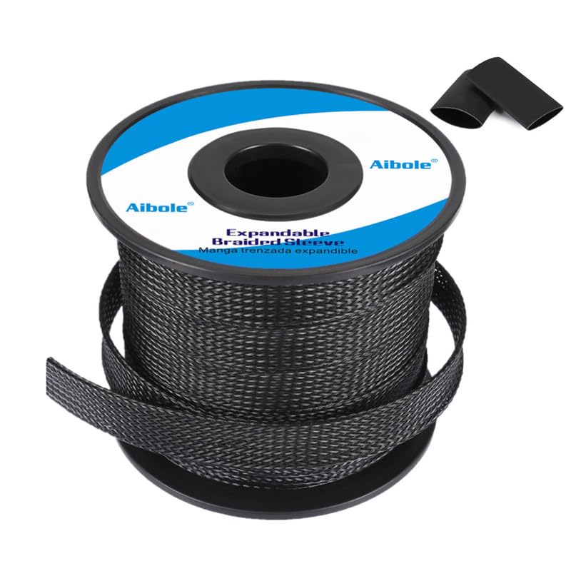 Aibole PET Braided Cable Sleeve 100ft - 1/4 Inch Cable Management Sleeve Cables Organizer for Wrap and Protect Cables - Black Wire Loom Tubing
