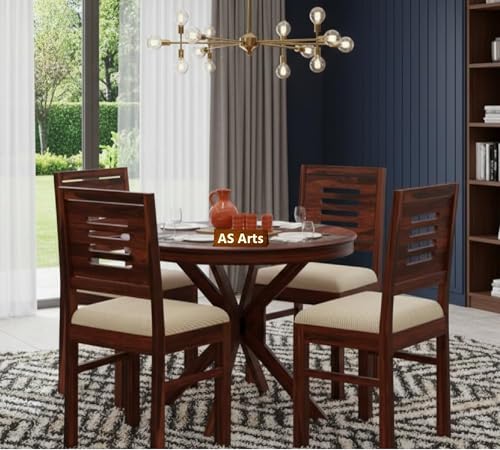 Image of AS Arts Solid Sheesham Wood Dining Table Set of 4 | Round 4 Seater Wooden Dining Set for Home & Dining Room | Solid Wood Dining Table with Cushioned Chairs | Dark Honey Finish