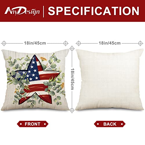 Anydesign 4Th Of July Pillow Covers 18 X 18 Inch American Flag Heart Star Greenery Throw Pillow Covers Patriotic Red Blue America Freedom Decorative Cushion Cover For Independence Day Home Sofa, 4Pcs #TOP1
