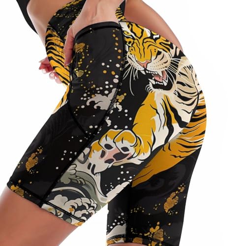 Japanese Tiger Wave Women’s Biker Yoga Short High Waisted Yoga Workout Running Shorts with Pockets3