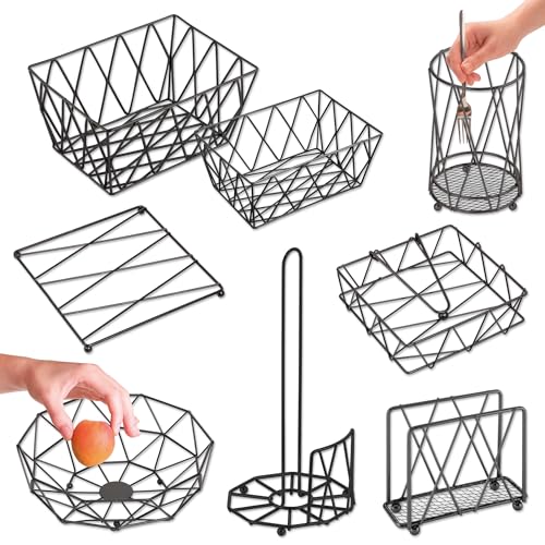 K Aktual Set de Cocina 8 Piezas en Metal, Servilletero, Servilletero de Mesa, Fruteros de Cocina, Portarrollos Papel Cocina, Porta Rollos de Papel Cocina, Accesorios Cocina, Cubertero, Color Negro