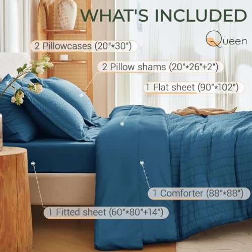 Image of MUXHOMO 7 Pieces Queen Comforter Set, Seersucker Bed in a Bag Queen Size, All Season Luxury Bedding Set with Comforter, Flat Sheet, Fitted Sheet, Pillowcases & Shams, Teal