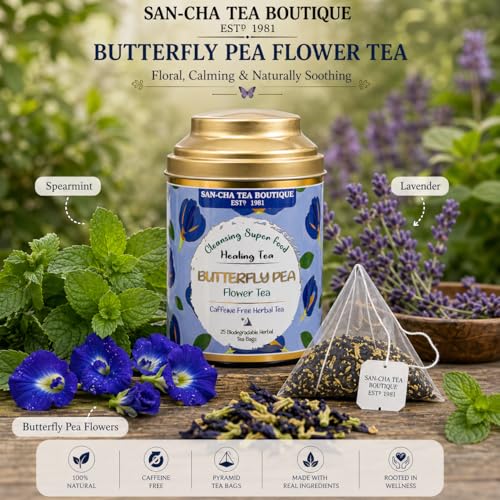 Image of Sancha Tea Boutique, Butterfly Pea Flower Herbal Tisane, 25 Pyramid Bags x 2, Caffeine Free, Brews Vibrant Blue or Purple, Perfect for Iced Beverages