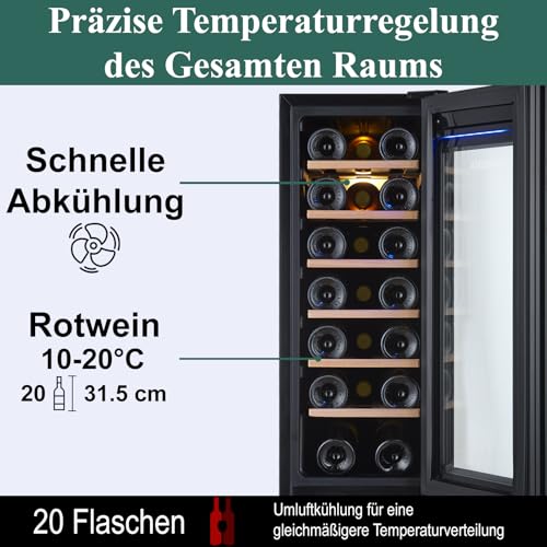 LichtLuxus Weinkühlschrank klein Einbaugerät 1 Zone für 20 Flaschen, Weinschrank mit Kühlung 5–20 °C, leise 37 dB, Touch-Steuerung, Glastür, energieeffizient, Schwarz, 29.5×57.5×82 cm