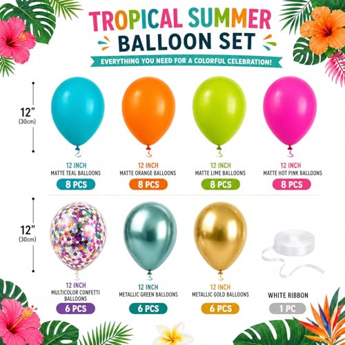 Image of Tropical Rainbow Balloons Kit, 50 Pcs 12 Inch Hawaiian Teal Orange Pink Metallic Green Gold Confetti Balloons for Girl Kid Summer Beach Luau Aloha Pool Birthday Back to School Party Decorations