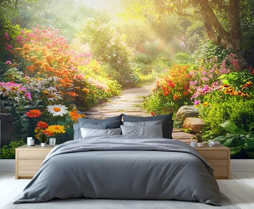 Sunlit Garden Path Wall Mural, Colorful Floral Forest Trail 3D Wall Mural, Spring Nature Wallpaper Mural, for Living Room Bedroom Large Wallpaper Indoor Decor 137.8' W x100 H