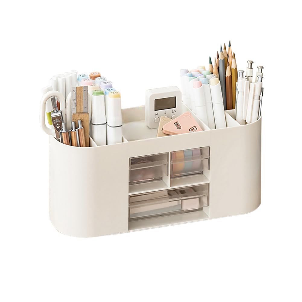 Cachpib Desk Tidy Organiser with 3 Drawers, Table Organiser with 10 Compartments, Desktop Storage Pen Holder Pot for School Home Office, White