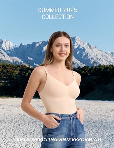 V-Neck Seamless Camisoles Tank Tops with Built in Bra for Women Summer Spaghetti Straps Tankini Camis4