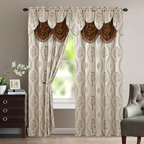 Luxury Home Textile Aurora Tree Leaf Jacquard Window Panel with Attached Valance, Premium Quality, Beautiful Tree Leaf Design, Vibrant Colors, 100% Polyester, 54x84 Inches Per Panel, 2-Pack (Beige)