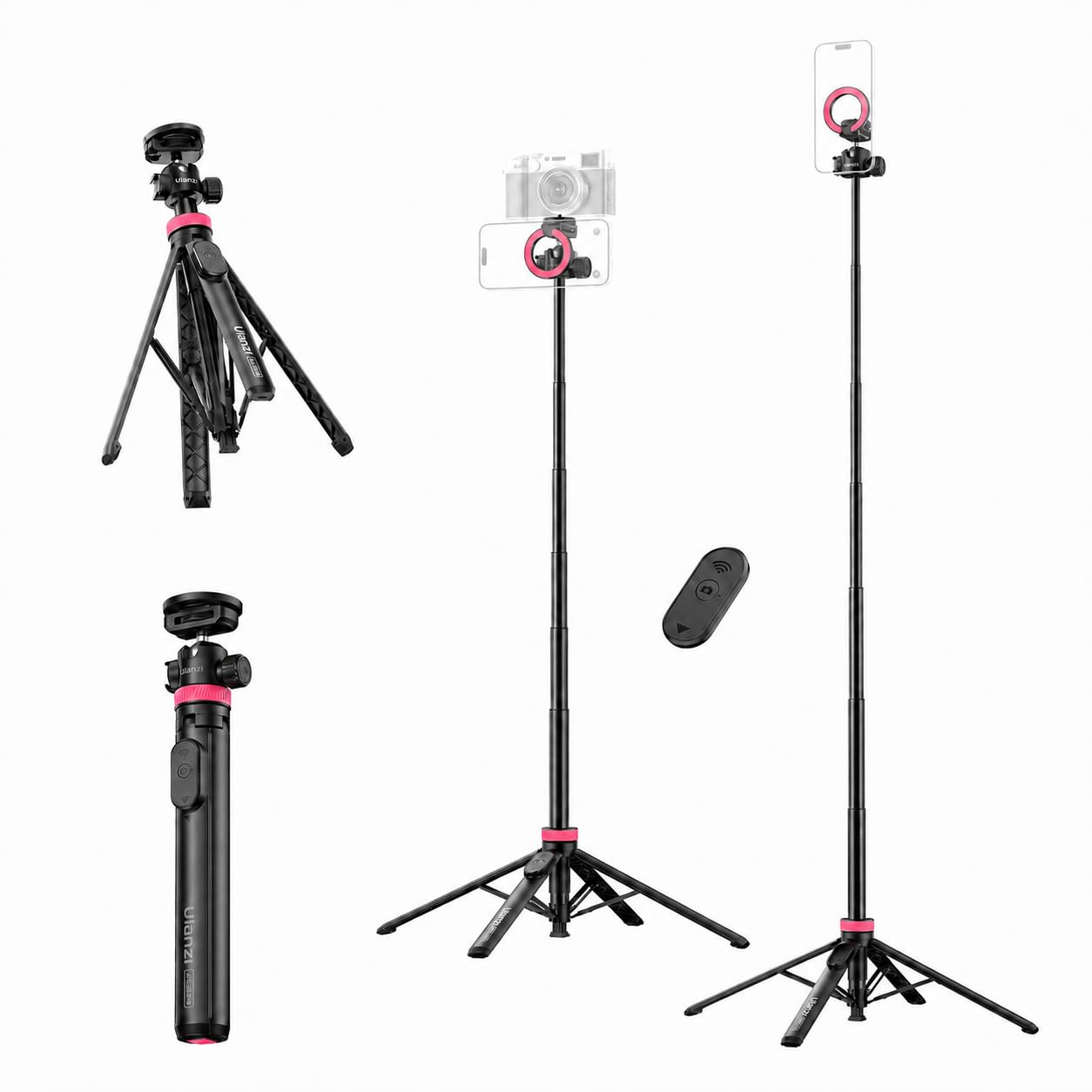 ULANZI MT44M Auto Open Magnetic Phone Tripod, 59" Selfie Stick Tripod Stand w Remote, 2-in-1 Dual Mount&1/4" Screw for Phone&Camera, 360°Ball Head for iPhone Android, Vlogging, Live Streaming, Black-image-32