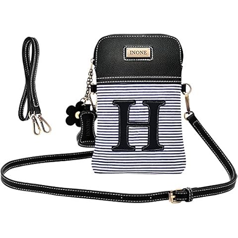 inOne Crossbody Bag Cell Phone Purse - Women PU Leather Handbag with Black and White Stripe Canvas Adjustable Straps - Monogram - Letter H Cover