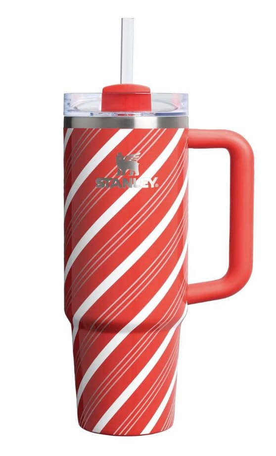 STANLEY Insulated Travel Mug Red and White Candy Cane Stripe Pattern Stainless Steel Tumbler with Handle and Straw Vacuum Sealed Cup 30 Oz