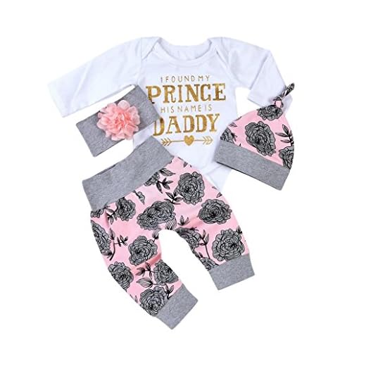 Ropa Bebe Niña Otoño Invierno Fossen Recién Nacido Niña Peleles Monos de Manga Larga + Floral Pantalones + Sombrero + Venda de Pelo,0-18 Meses Bebé Ropa (0-3 Meses, Blanco)