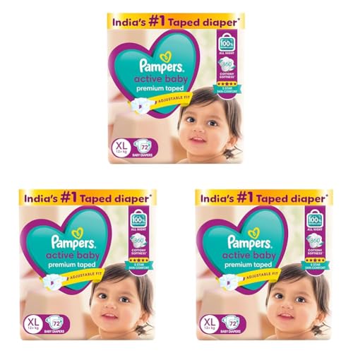 Image of Pampers Active baby Tape Style Baby Diapers, Large (XL), 72 Count, 12+ kg, Adjustable Fit with 5 Star Skin Protection Diapers (Pack of 3)