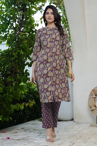 Image of MIRCHI FASHION Women's A-Line Cotton Kantha Work Floral Printed Kurta Set with Trouser