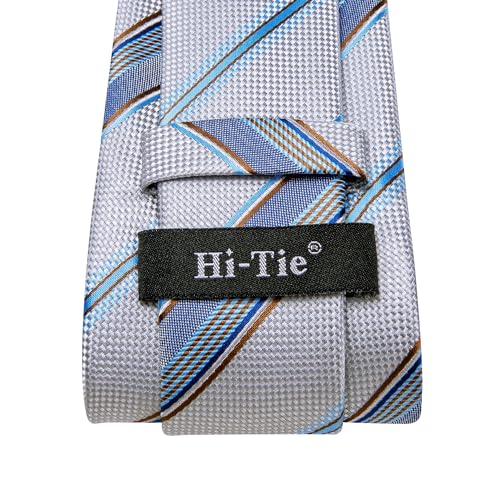 Image of Hi-Tie Sliver and Blue Striped Ties for Men Silk Woven Tie and Lapel Pin Pocket Square Cufflinks Sets Formal Business Wedding