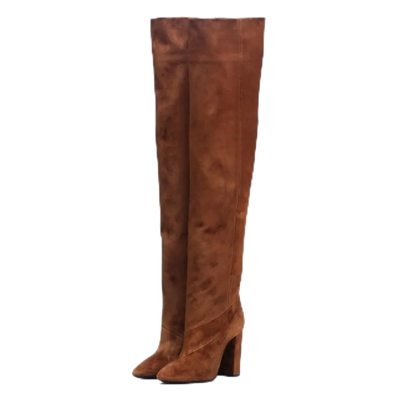 Wide Calf Thigh High Boots Ruched Slouchy Suede Chunky High Heel Pointed Toe Over the Knee Boots for