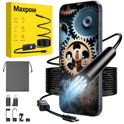 Maxpow Endoskopkamera mit Licht –1920 HD 8 LED Licht Wasserdicht IP67 Endoskop Kamera Handy für Android iOS, 5m Semi-Rigid Kabel Inspektionskamera für Autoreparatur, Lüftungsrohre, Kanalinspektion