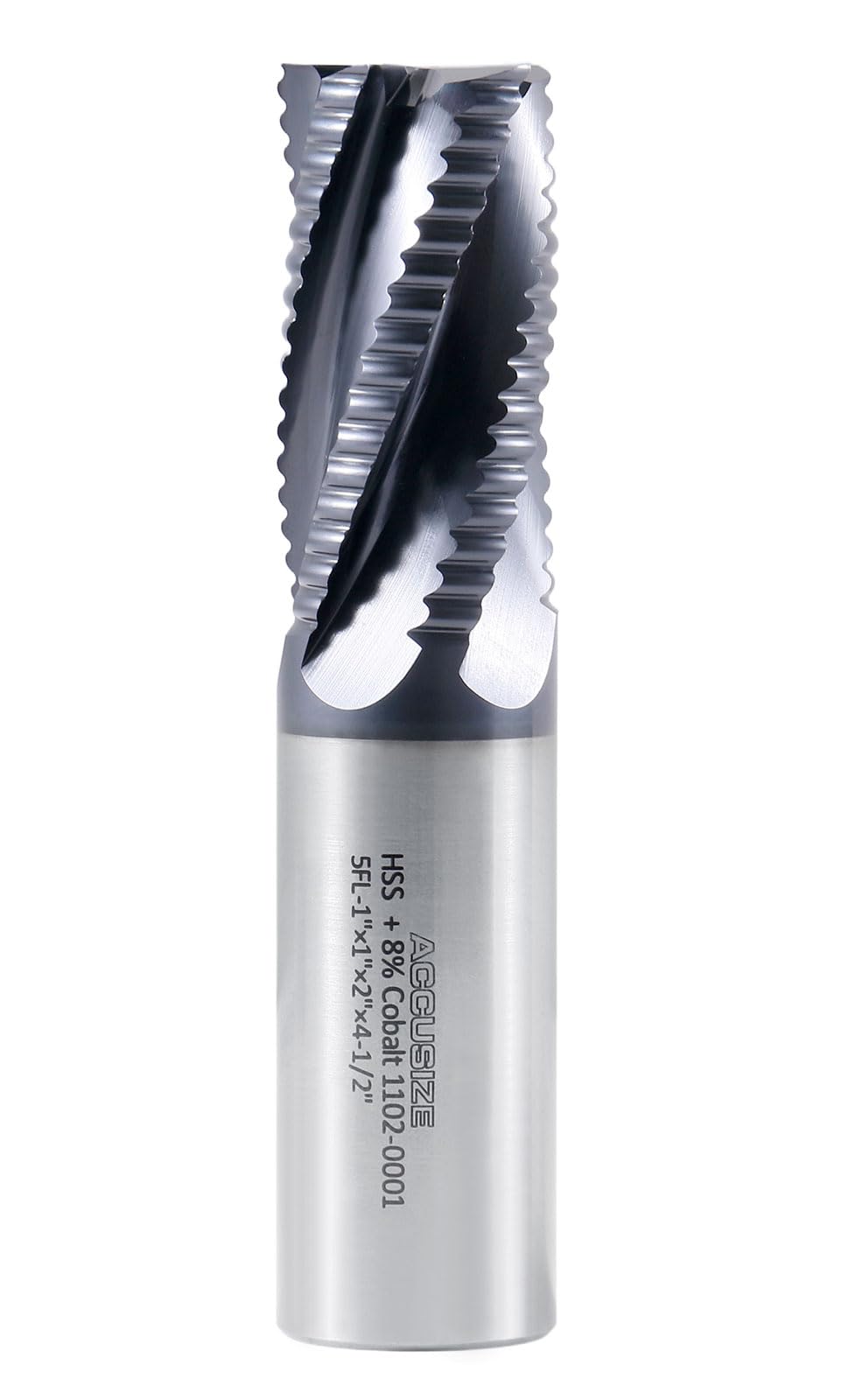 Accusize Industrial Tools 1'' Dia, M42 8% Cobalt Tialn Roughing End Mill, Coarse Tooth, 1'' Shk Dia, 2'' Flt Length, 4-1/2'' Oal, 5 Flute, 1102-0001