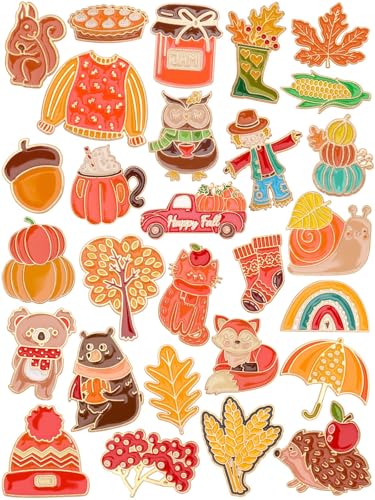 JUNEBRUSHS 28PCS Fall Enamel Pins Cute Pumpkin Maple Animal Brooch Pins for Fall Thanksgiving Theme Birthday Party Classroom Favor Supplies Exchange Gift Clothes Hat Accessories