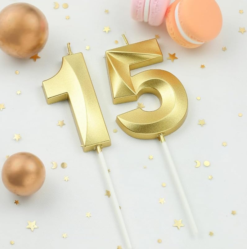 Image of Number Candles 3 Inch For Birthday, Wedding, Engagement, Valentines Day Celebration, Bridal Shower, Bachelors Decoration Gold (Numerical No 15 Or 51), Wax, Unscented