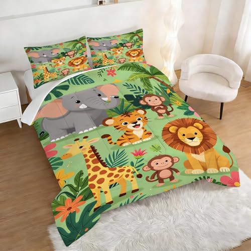 Image of Cute Animal Comforter Set Twin Size Zoo Jungle Bedding Sets for Boys Girls Kids Teens Bedroom Cartoon Elephant Monkey Giraffe Lion Tiger Quilt 1 Comforter 1 Pillowcase