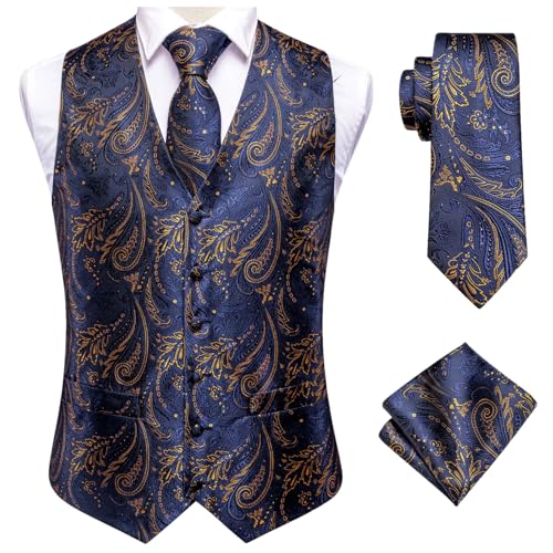 Mens Formal Silk Paisley Vest Waistcoat Tie Handkerchief Cufflinks Set For Suit Wedding Party