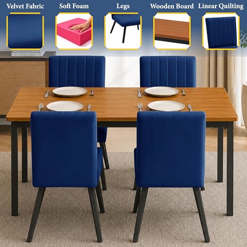 Image of Rosebell Set of 4 Dining Table Chairs with Wooden Top Table, Upholstered Cushioned Chairs, Modern Compact Dining Set for Home, Kitchen & Dining Room (Blue)