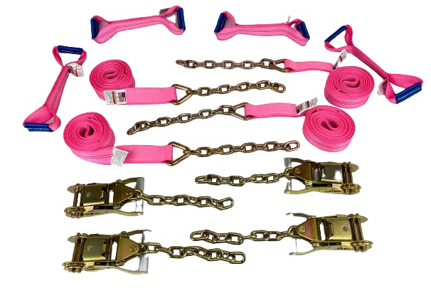 Everything Tie Down 8 Point Heavy Duty Pink DiamondWeave™ 18 Foot Strap Kit for Rollback/Flatbed Tie Downs with 12 inch Chain Tail