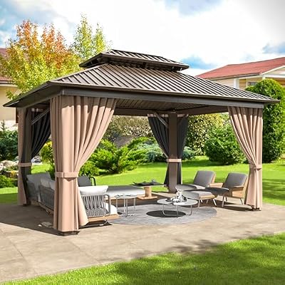 VIWAT 10x12 FT Hardtop Gazebo with Aluminum Frame, Galvanized Steel Double Roof Gazebo with Nettings and Curtains, Permanent Outdoor Metal Pavilion for Patio, Deck, Lawn and Garden