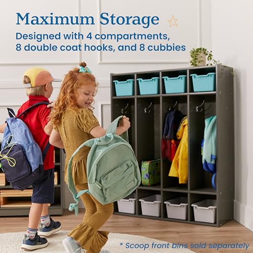 Image of ECR4Kids Streamline 4-Section Coat Locker with Cubby Storage, Classroom Furniture, Grey Wash | Durable birch, GREENGUARD Gold Certified, 160 lb capacity, 8 double coat hooks, anti-tip kit, classroom & home organization