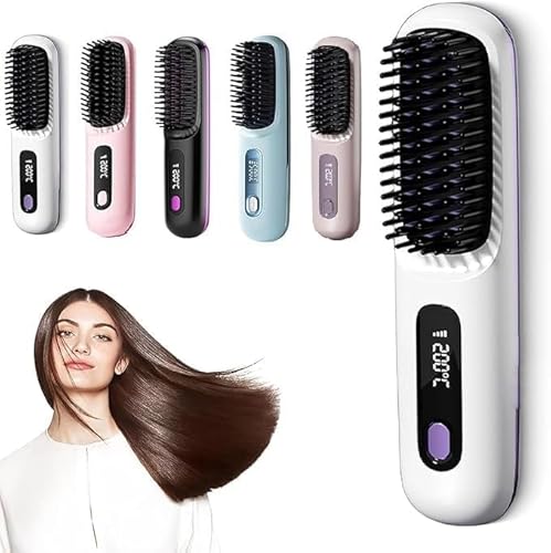 Go Brush Pro New Portable Cordless Hair Straightener Brush, Rechargeable Heated Styling Brushes for Travel & Everyday Use, Hair-Friendly & Long-Lasting Design (White)