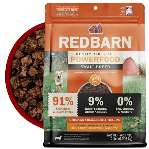 Redbarn Powerfood Air Dried Dog Food Small Breed Recipe 2 lbs - 91% Chicken & Chicken Organs with Blueberries Prebiotics Postbiotics Grain Free Wholesome Pet Food Made in USA