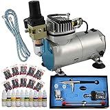 Einfache Handhabung AirBrush SET Compact I Nail Set II - Airbrush Komplett Set mit sehr leisem Airbrush Kompressor/Universal Airbrush Pistole Double-Action inkl. 3 Düsen und Druckluftschlauch, mit Airbrush-Farbe