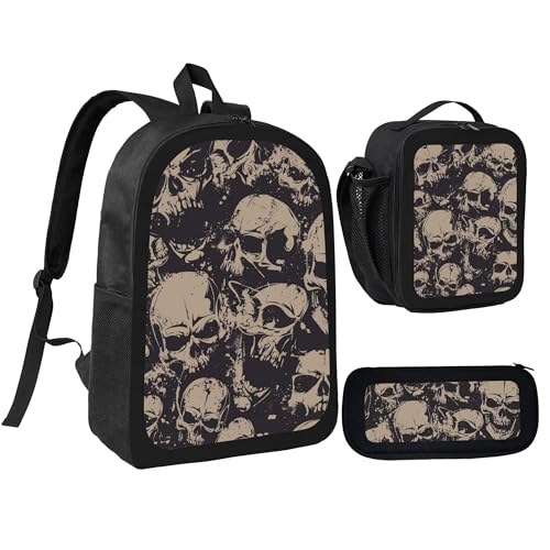 Bohemian Skull Cool 3 Pcs 17 Inches Backpack Set with Insulated Lunch Bag And Pencil Pouch Large Back Pack for Men Women Lunchbox Pencil Case Waterproof Backpacks Lunch Box 3 Piece Daypacks