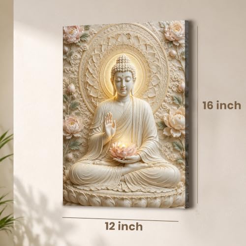 Image of PAINTINGMANTRA Buddha Painting for Living Room, Spiritual Buddha wall Art Painting for living room, Bedroom, office and Home, Canvas, 12x16 Inch