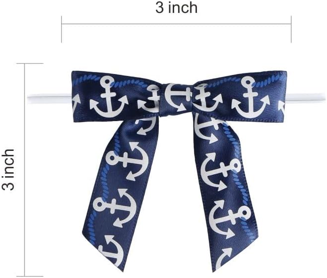 Meseey 30 Pcs Nautical Ribbon 3 Inch Navy Blue White Stripes Anchor Twist Tie Bows for for Beach Coasta Gift Wrapping, Baby Shower,Wedding, Party Favors, Cake Pops,Treat Bags (Nautical Bow)