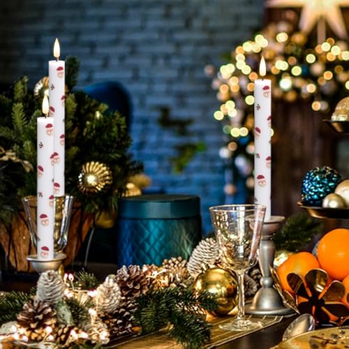 Image of Christmas Flameless Taper Candles with Remote Timer, 4 Pack LED Flickering Candlestick, 9.65 Inch Battery Operated Real Wax Candles with Santa Claus Prints for Christmas Decorations